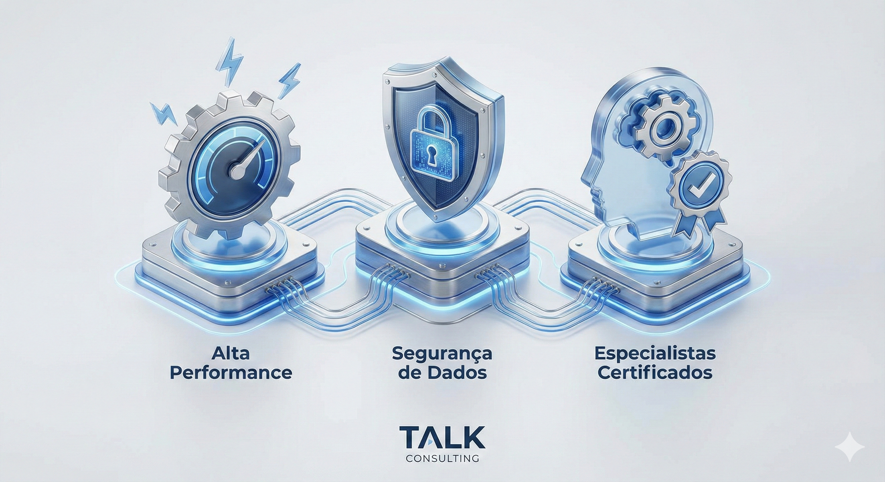 Ilustração 3D dos três pilares da Talk Consulting: Alta Performance, Segurança de Dados e Especialistas Certificados